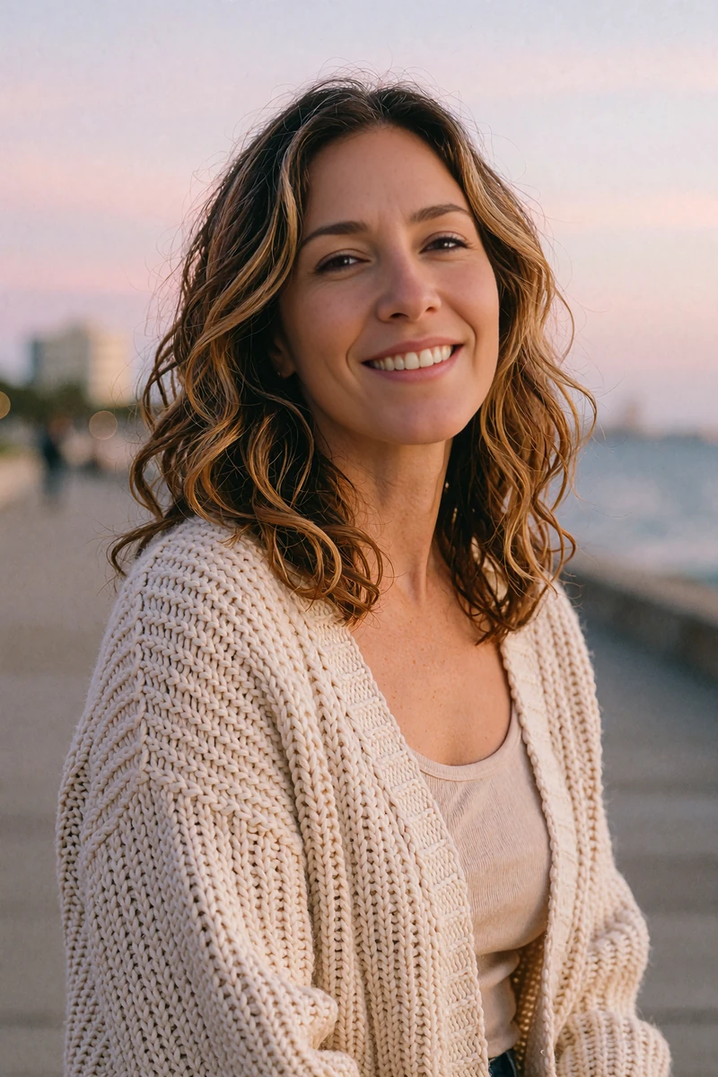Woman in a cream knit cardigan smiling on a waterfront promenade at dusk - online dating profile preview