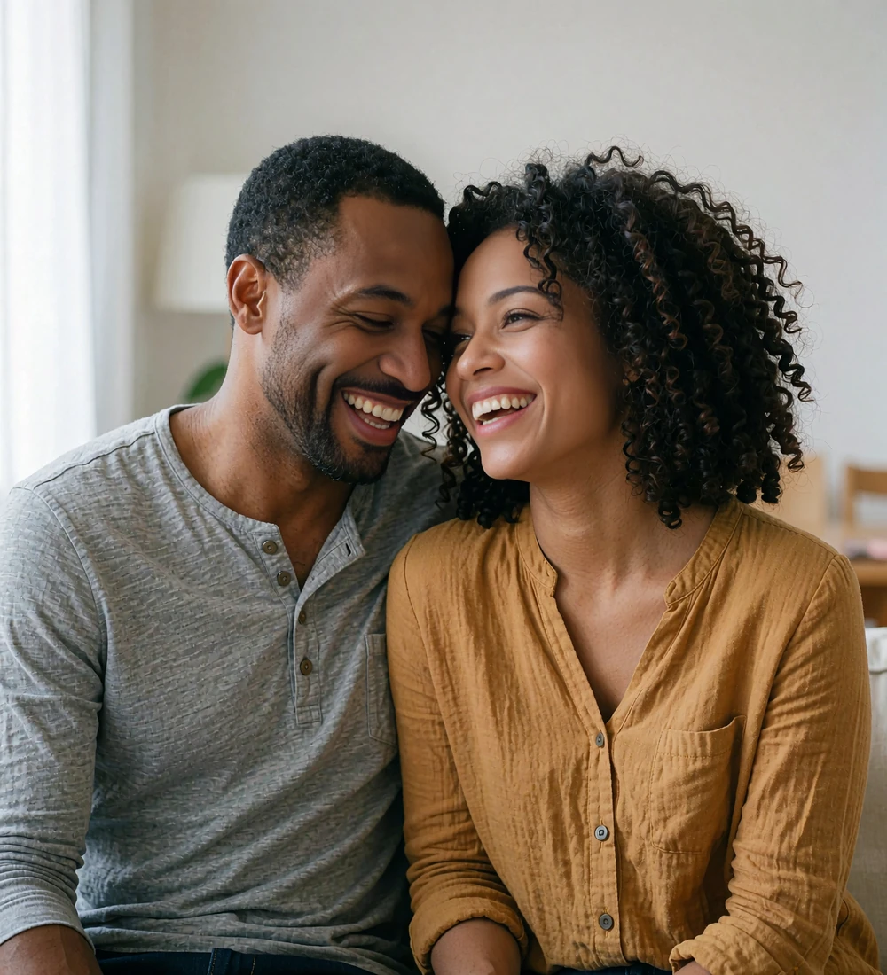 Happy couple laughing together at home after meeting through online dating on Ihappydate