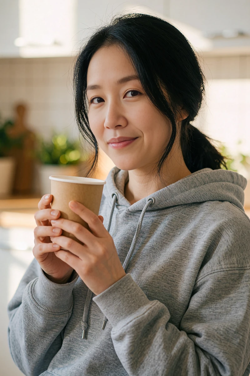 Woman in a gray hoodie holding a coffee cup in her bright kitchen - casual coffee date profile preview