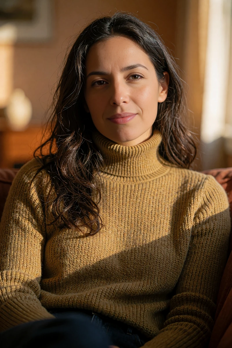 Smiling single woman in a mustard turtleneck sweater in a warm lounge - Ihappydate dating profile preview