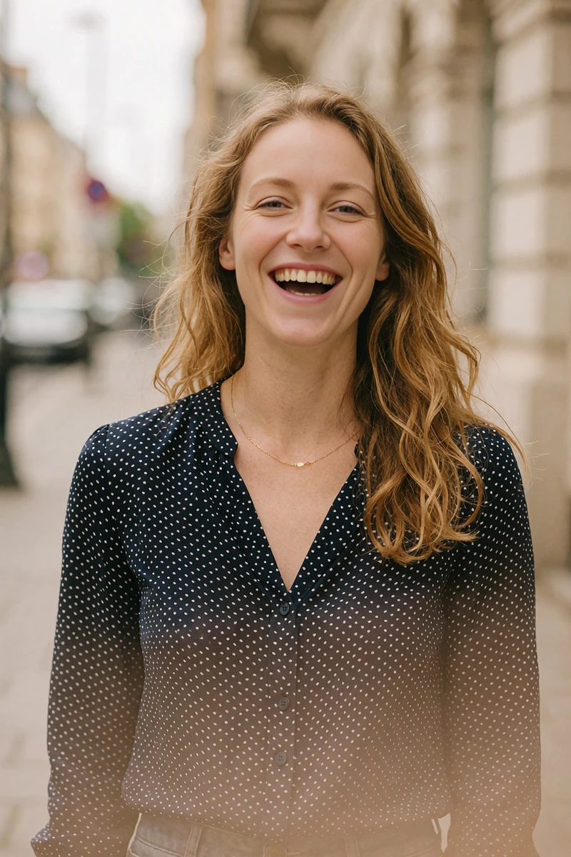 Laughing woman in a navy polka-dot blouse on a city sidewalk - profile preview for meeting singles near you