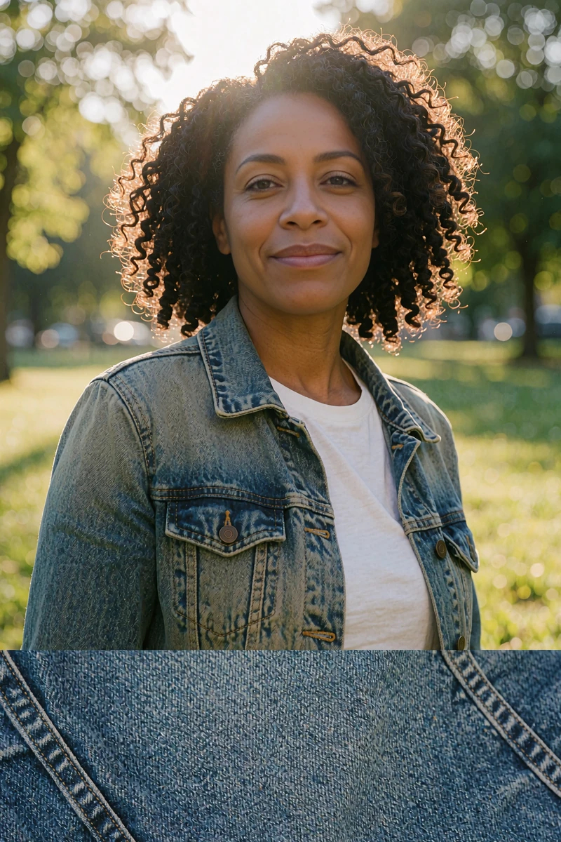 Confident woman with natural curls in a denim jacket in a sunny park - single women near me profile preview